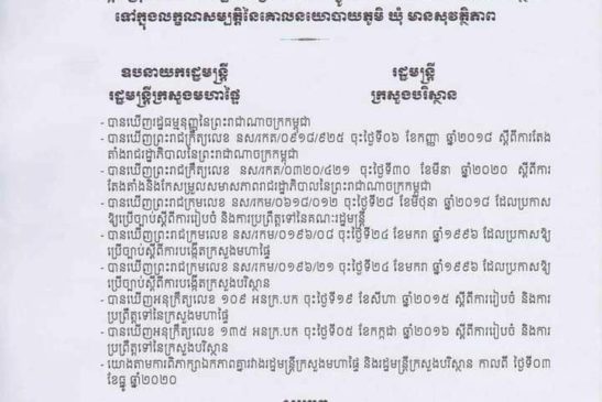 សេចក្តីប្រកាសរបស់ក្រសួងមហាផ្ទៃ និងក្រសួងបរិស្ថាន ស្តីពីការកែសម្រួល និងបន្ថែមសមាសភាពក្រុមការងារដើម្បីត្រួតពិនិត្យ និងដាក់បញ្ចូលវិធានការអនាម័យ និងបរិស្ថាន ទៅក្នុងលក្ខណៈសម្បត្តិ នៃគោលនិយោបាយភូមិ ឃុំ មានសុវត្ថិភាព