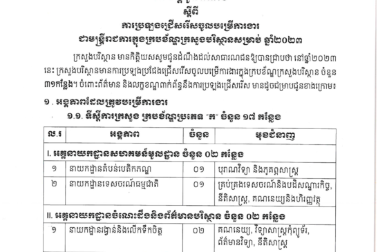 សេចក្តីជូនដំណឹង ស្តីពីការប្រឡងជ្រើសរើសចូលបម្រើការងារ ជាមន្រ្តីរាជការក្នុងក្របខ័ណ្ឌក្រសួងបរិស្ថាន ឆ្នាំ២០២៣